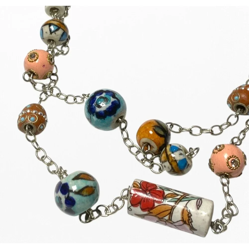 VTG Necklace Ceramic Resin Bead Station Painted Floral Art Long Boho Festival